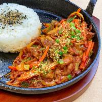 Spicy BBQ Pork · pork / onion / green onion / carrot / gochujang sauce / side of rice