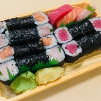 Triple set (regular) · 1 salmon roll
1 tuna roll
1 yellowtail scallion roll
1pc salmon sashimi 
1pc tuna sashimi 
1...