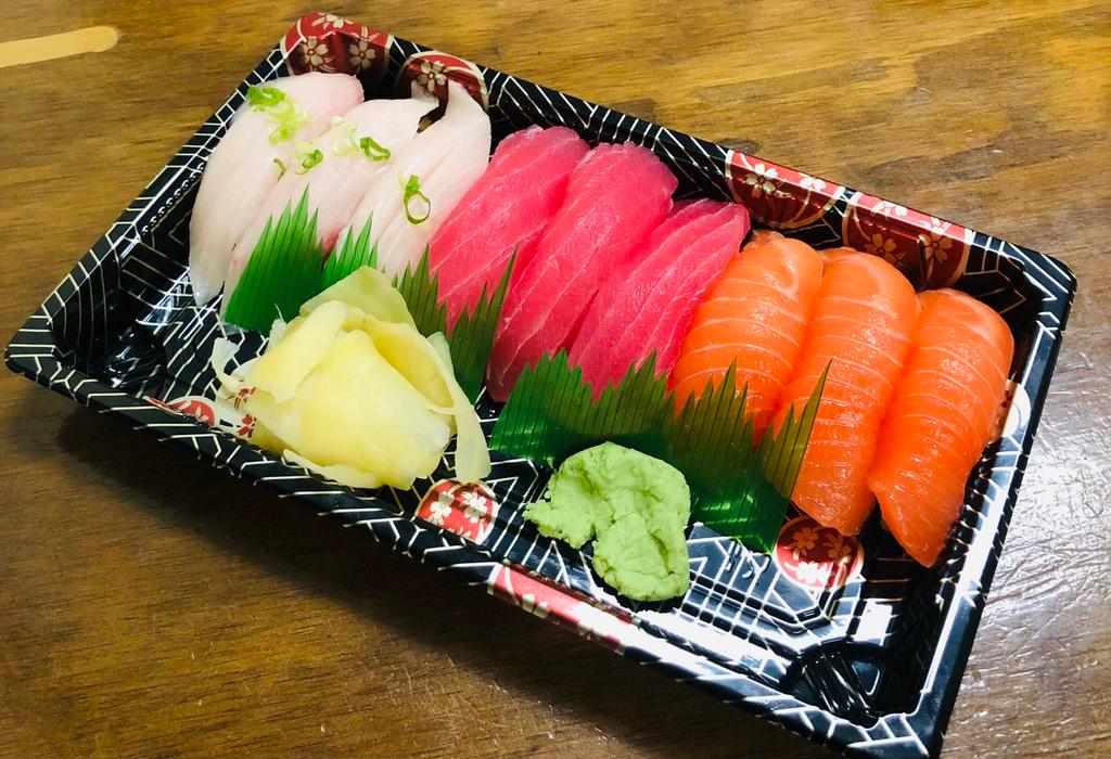 Salmon Tuna Yellowtail Sushi · 3 salmon sushi
3 tuna sushi
3 yellowtail sushi