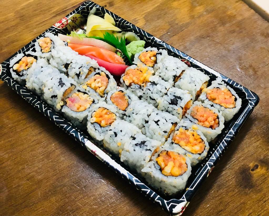 Triple Set (Spicy) · 1 spicy salmon roll
1 spicy tuna roll
1 spicy yellowtail scallion roll
1pc salmon sashimi 
1pc tuna sashimi 
1pc yellowtail sashimi 