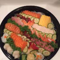A1. Personal Sashimi Tray · 25 pieces, included: Salmon, Tuna, Yellowtail, White Tuna and Red Snapper. ( fish choice mig...