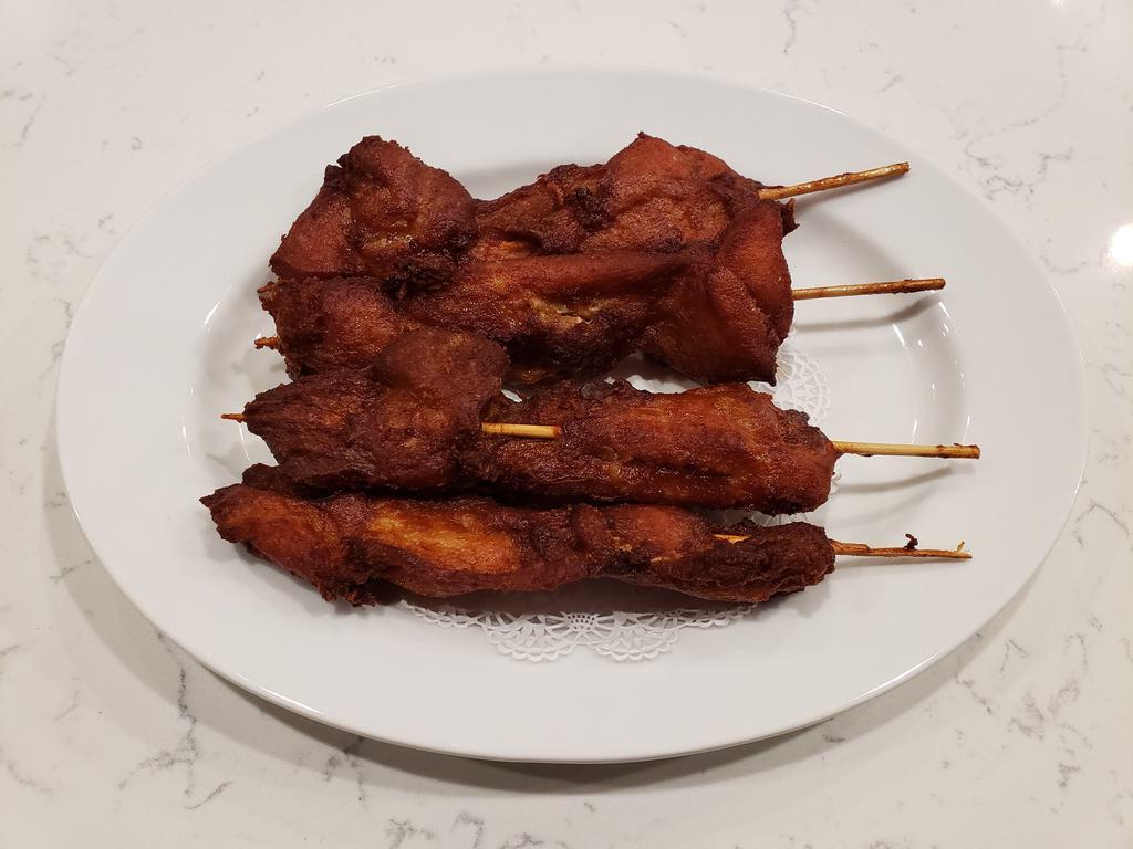 Chicken Sticks (4) (New) · Skewers of skinless chicken thigh marinated in ginger and garlic sauce. Served with Hoisin sauce. 