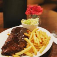 Bulleit Bourbon BBQ Baby Back Ribs · fall-off-the-bone delicious! half rack served with fries and slaw 