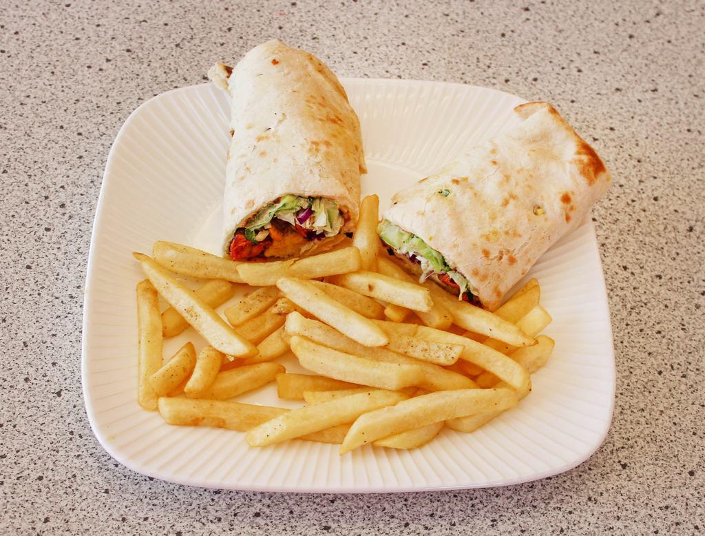Chicken Wrap · Boneless chicken tandoori with chopped cucumber and mint chutney. Made on a fresh naan with mint-mayo. Served with masala fries.