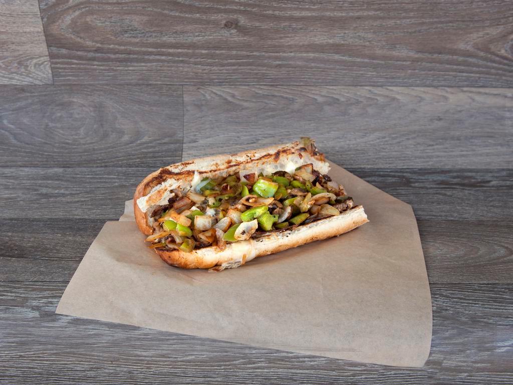 Bell Pepper Mushroom Cheese Steak · Swiss cheese, grilled onions, mushrooms, bell peppers and pizza sauce. Add toppings for an additional charge.