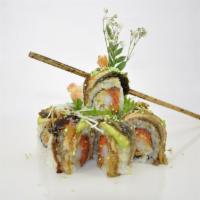 GodziLLa Roll · crunchy spicy tuna ,tempura shrimp inside. top w. eel & avocado
