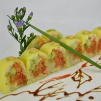 iso Fantastic Roll · crunchy spicy tuNa , spicy saLmon ,spicy yelowtail inside. wrapped w. soy paper , wasabi & s...