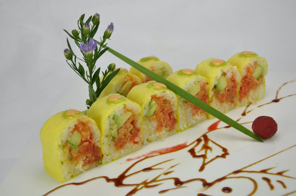 iso Fantastic Roll · crunchy spicy tuNa , spicy saLmon ,spicy yelowtail inside. wrapped w. soy paper , wasabi & spicy mayo on Top.