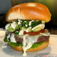 Off the Record Avocado · Popular dish. Beef patty, daikon sprouts, avocado, pepper jack cheese, lettuce, tomatoes and...