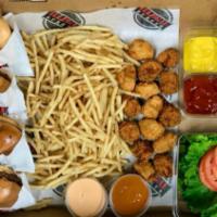 Mobster Burger Box (feeds 4 people) · Includes 4 burgers on B&W Sesame Brioche buns. Slammer Fries with chipotle mayo, 16 pc chick...