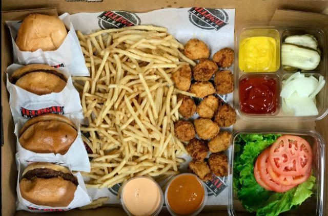 Mobster Burger Box (feeds 4 people) · Includes 4 burgers on B&W Sesame Brioche buns. Slammer Fries with chipotle mayo, 16 pc chicken nuggets with house bbq sauce & all burger fixings (lettuce, tomatoes, onions, pickles, mustard and ketchup. Upgrade to Bacon Cheeseburgers +$