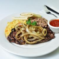 Bistec Encebollado con Arroz y Frijoles Entree · Steak served with onions, yellow rice, pinto beans, tortilla and salsa roja.