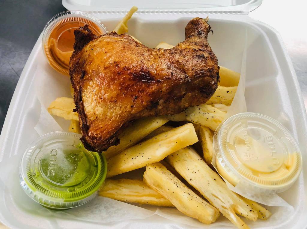 1/4 Oven Roasted Dark Chicken / served with 2 sides. · Quarter Chicken Grade A, All Natural Home Made Marinated Roasted Oven chicken. Breast and wing Combo. Served with 2 regular sides