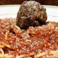 Spaghetti · Your choice of meatball or sausage link baked with mozzarella for additional charge.