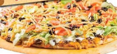 Taco Pizza · Chunky salsa, ground beef or chicken and cheddar cheese baked, then layered with sour cream,...