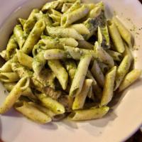 Pesto Pasta · Sliced Chicken or Shrimp sauteed in our Pesto sauce (basil, garlic, parmesan, pine nuts and ...