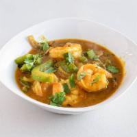 Shrimp Jalfrezi · Shrimp cooked with fresh mushrooms,
onions, peppers, tomatoes and broccoli
in a special sauce.