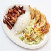 Chicken and Gyoza Teriyaki · Served with steamed rice and salad.