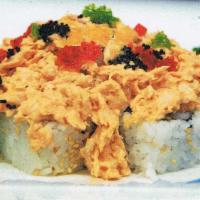 Volcano Roll · California roll with spicy cooked salmon, crab meat and masago on top.