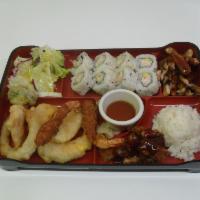 Chicken Bento Box Combo · Chicken teriyaki, chicken katsu, California roll, vegetable tempura, prawn tempura, rice and...