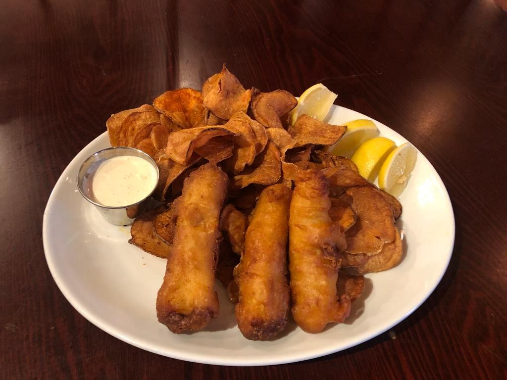 Fish and Chips · Fresh Atlantic Cod is beer battered and fried. Served with homemade fried chips and our tartar sauce