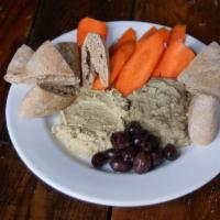 Hummus & Baba Ghanoush plate/GF Option · Plate with olives, carrots and house baked pita bread. Vegan.