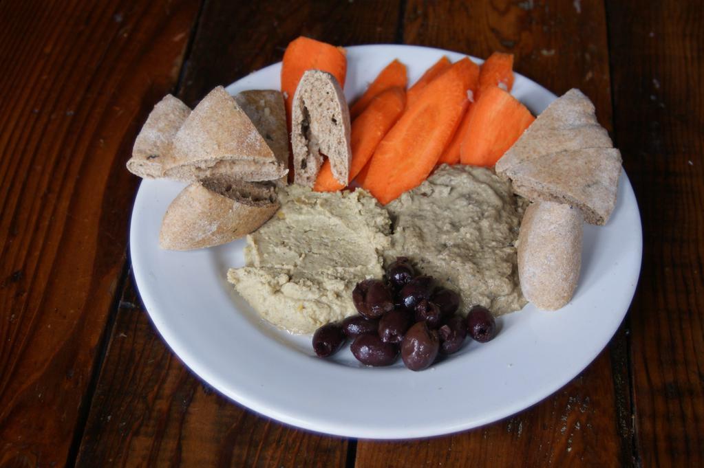 Hummus & Baba Ghanoush plate/GF Option · Plate with olives, carrots and house baked pita bread. Vegan.