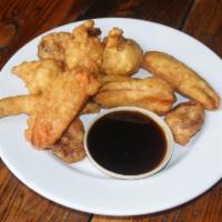 GF Veggie Tempura/ Vegan · Cauliflower, beets, carrots fried in rice batter. Served with a soy-ginger sauce. Gluten fre...