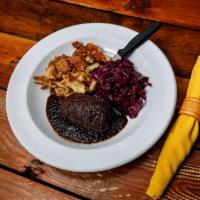 Beef Rouladen/GF Option · Pounded beef top round stuffed with bacon, pickle and carrot, braised in a red wine demi gla...