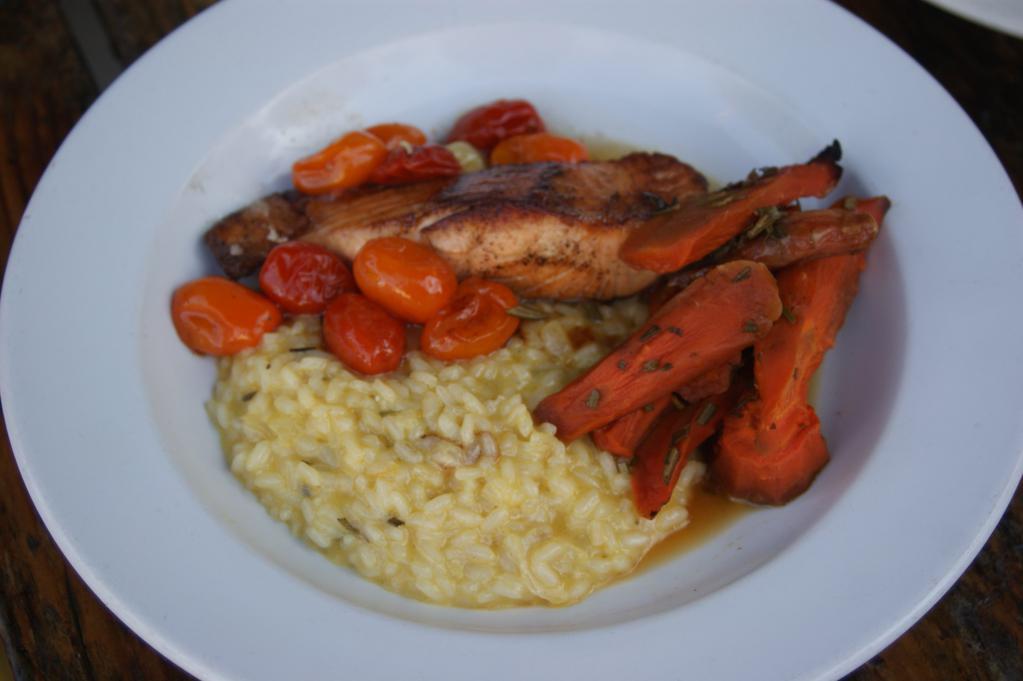 Pan Roasted Salmon w/Risotto · Pan roasted salmon served with lemon risotto, honey, rosemary roasted carrots, roasted tomatoes