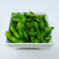 Edamame · Steamed soy bean in a pod and seasoned with salt.