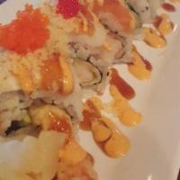 Lucky Roll · Seared tuna, shrimp tempura, 
avocado topped with salmon, 
fresh shrimp, tobiko, masago and ...