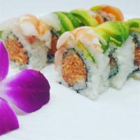 Rainbow Roll · Spicy crab, cucumber and avocado 
inside topped with salmon, tuna 
yellowtail, fresh shrimp ...