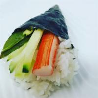 California Hand Roll · Traditional one piece cone shaped hand roll with avocado, cucumber and crab