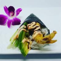 Spider Hand Roll · Traditional one piece cone shaped hand roll with Soft shell crab, cucumber, avocado and masa...