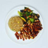 Chicken Teriyaki · Grilled marinated chicken breast in teriyaki sauce. Served with choice of side, steamed rice...