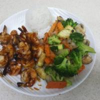 Shrimp Teriyaki · Grilled jumbo shrimp, seasoned in Japanese spices and teriyaki marinade. Served with choice ...