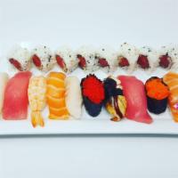 Sushi Deluxe · Chef’s choice of 10 pieces of sushi and spicy tuna roll.