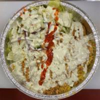 Specialty Over Rice · Any choice of meat or veggie topped with special sauce. Served with lettuce, tomato, cucumbe...