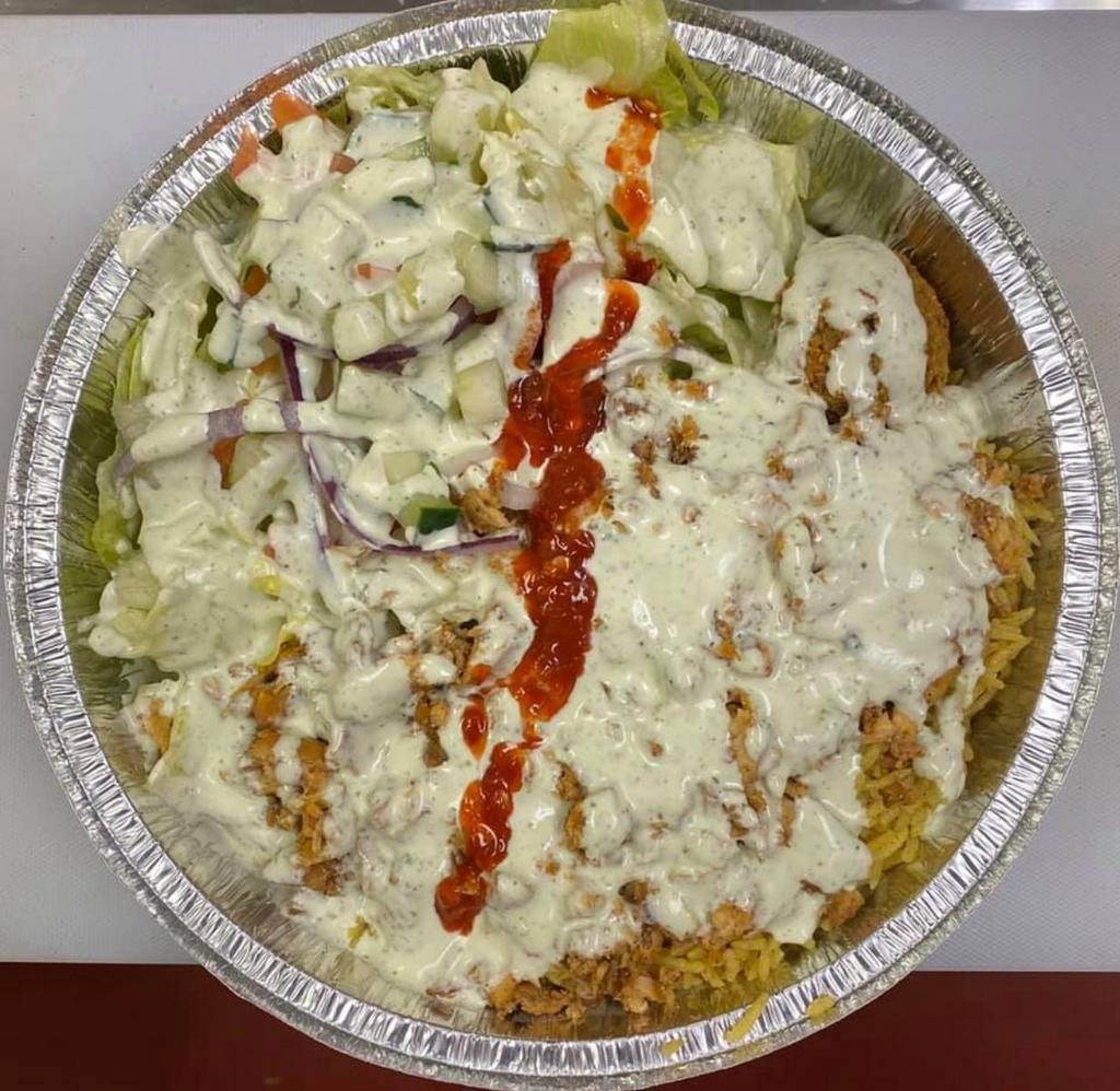 Specialty Over Rice · Any choice of meat or veggie topped with special sauce. Served with lettuce, tomato, cucumber, seasoned onions, Arabic pickles. Choices: Gyro, chicken, beef, falafel, cauliflower, eggplant, zucchini, fried okra, or a combo of 2 or combo.