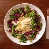 Mixed-Color Salad · Shaved Parmesan, mixed greens, arugula and radicchio with balsamic vinaigrette.