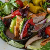 Grilled Chicken Salad · Mixed with greens, tomatoes, red onions, roasted red peppers and cucumber with balsamic vina...