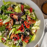 Greek Salad · Mixed greens, olives, bacon, feta cheese, roasted peppers and balsamic vinaigrette.