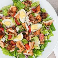 Grilled Chicken Chopped Cobb Salad · Bacon, bell peppers, bleu cheese crumbles, cucumbers, hard-boiled egg, red onions, lettuce a...
