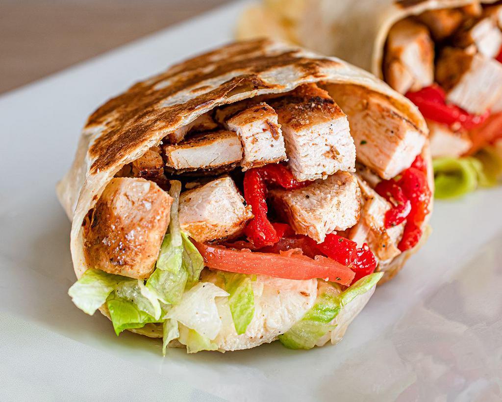 Italian Grilled Chicken Wrap · Roasted peppers, fresh mozzarella, lettuce, tomatoes and vinaigrette.