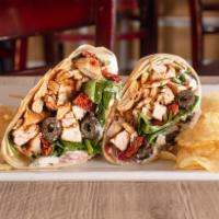 Greek Wrap · Grilled chicken, olives, sun-dried tomatoes, feta cheese, red onions, spinach and bleu chees...