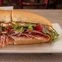 The Big Jay Sandwich · Prosciutto, ham, salami, fresh mozzarella, roasted peppers, balsamic and arugula.