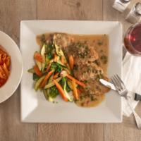 Veal Piccata · Wine, butter, lemon and capers served with sauteed vegetables.