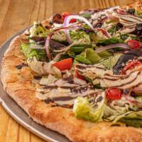 Mixed Green Salad Pizza · Mozzarella, cherry tomatoes, onions and mixed greens topped with shaved Parmesan cheese and ...