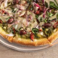 Greek 2 Me Pizza · Pesto base, mozzarella, fresh spinach, olives, sun-dried tomatoes, feta and red onions.